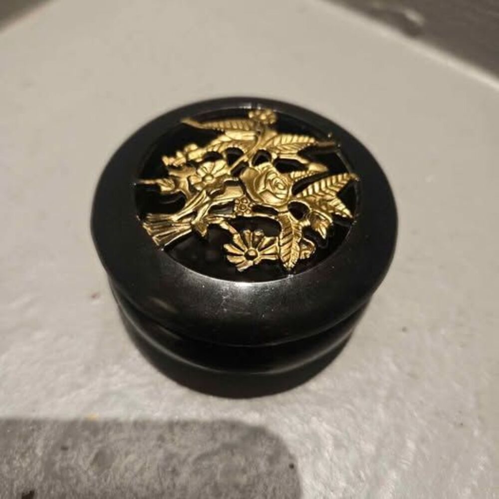 3" Black Plastic Trinket Box Jewelry Box  with Gold Floral Decoration on Lid